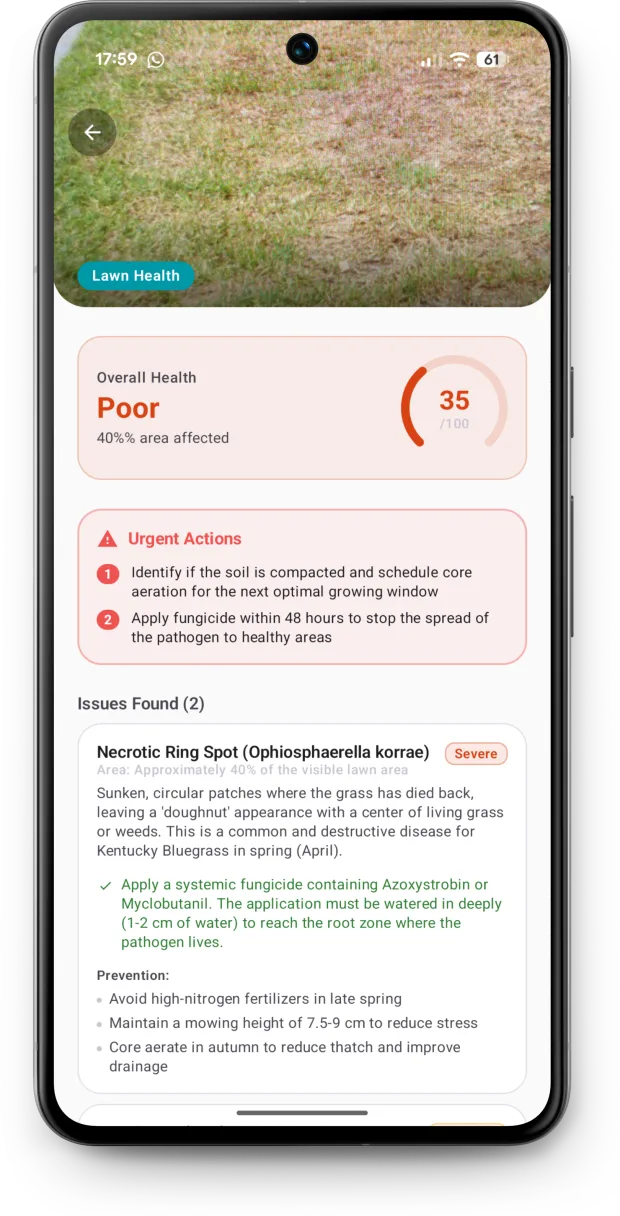 Lawn health diagnosis showing an overall score of 35, urgent actions, and detected diseases